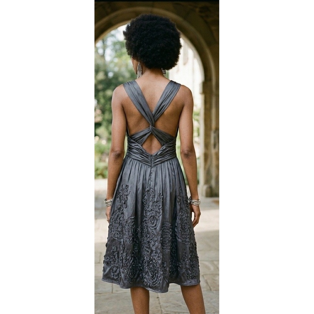 Y2K Adrianna Papell Goblin Brown Iridescent Rosette Dress Sz. 4 Twist Open Back - Picture 16 of 16